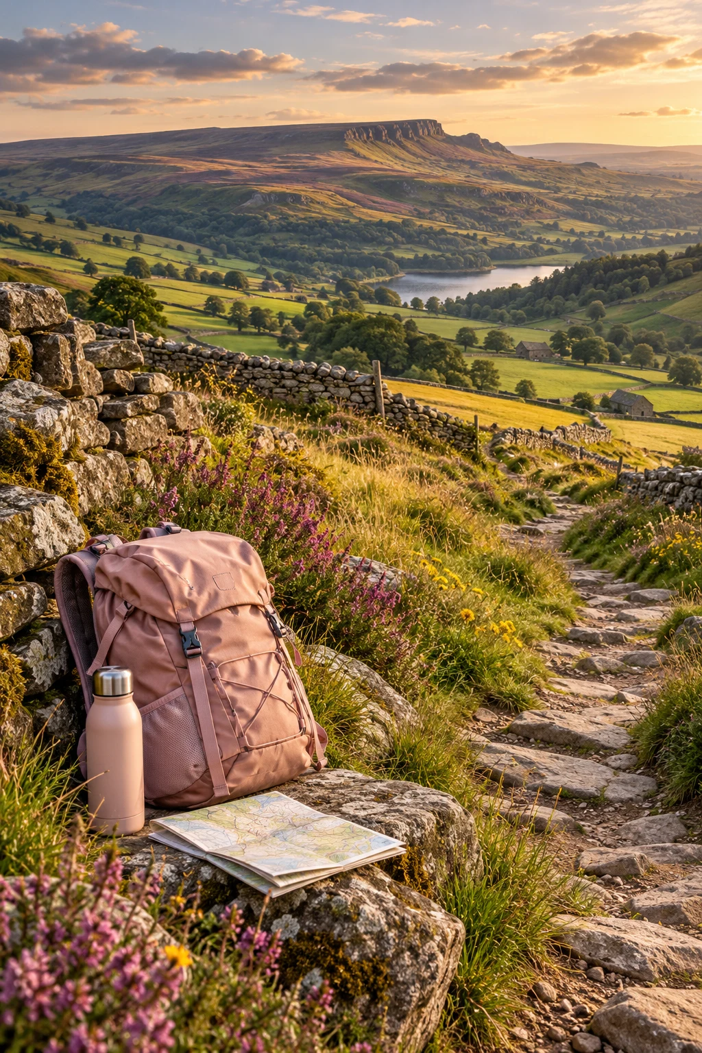 Countryside trail and blush hiking daypack; AI-generated editorial concept